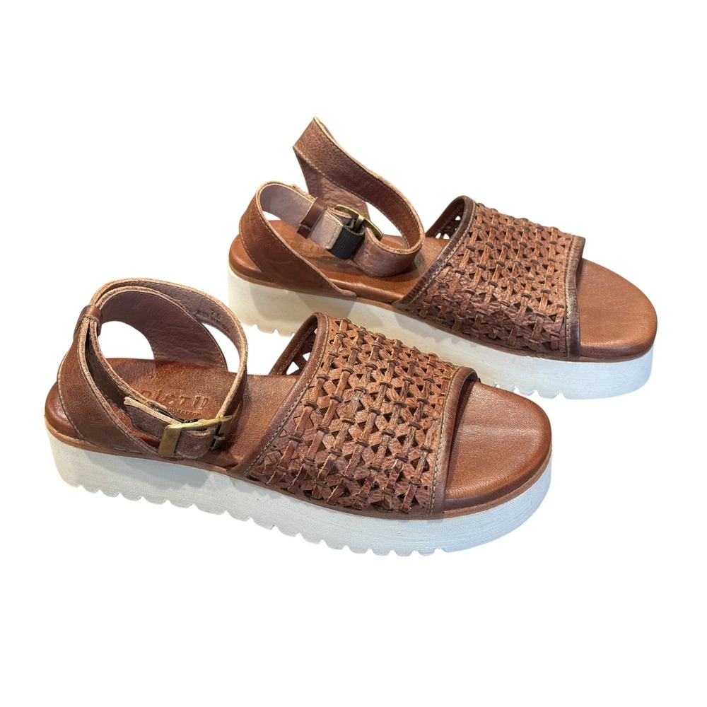 Bed Stu Brisa Almond Woven Leather‎ Platform Sandals Womens 7 Sawtooth Sole Boho